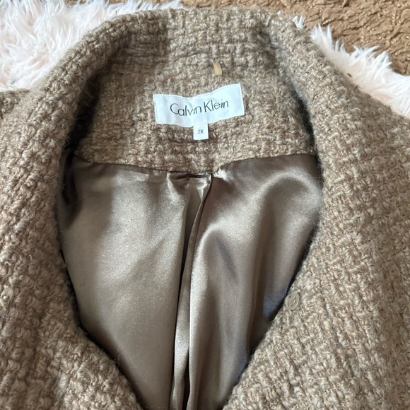 Calvin Klein Brown Wool Blend Pea Coat Boucle Knit Sz 2X Waist Tie Women’s - Picture 5 of 7